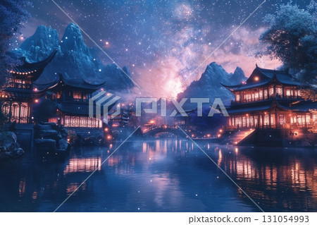 Enchanting nightscape of ancient architecture by a serene lake dreamlike environment 131054993