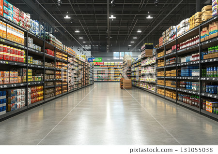 Supermarket aisle shopping experience urban store retail environment spacious layout consumer habits 131055038