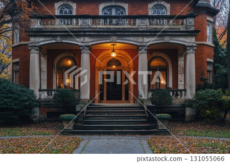 Historic mansion entrance timeless architectural beauty on an autumn evening 131055066