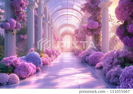 Serene floral pathway enchanted garden photo vibrant setting dreamy view nature's beauty 131055067