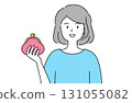 Simple line drawing vector illustration of a smiling woman holding a clasp purse 131055082