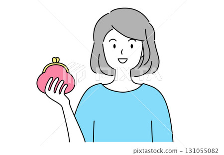 Simple line drawing vector illustration of a smiling woman holding a clasp purse 131055082