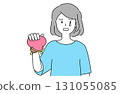 Simple line drawing vector illustration of a woman crying and holding an empty purse 131055085