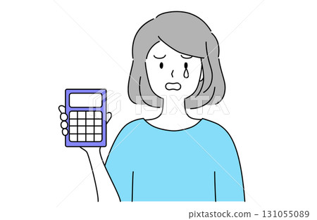 Simple line drawing vector illustration of a young woman crying and holding a calculator Simple line drawing vector illustration of a young woman crying and holding a calculator 131055089