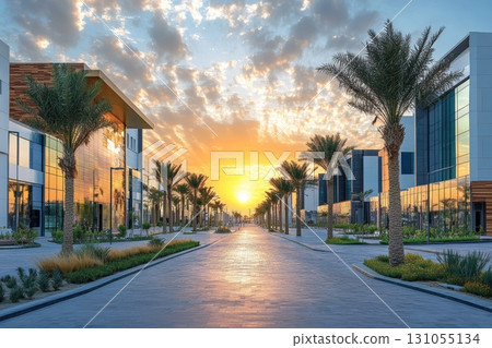 Sunset boulevard in modern architecture district urban landscape tranquil evening viewpoint 131055134