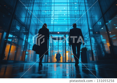 Business professionals entering modern office building urban cityscape silhouette shot 131055258