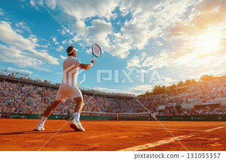 Dynamic tennis action on clay court exciting match in outdoor stadium Dynamic tennis action on clay court exciting match in outdoor stadium 131055357