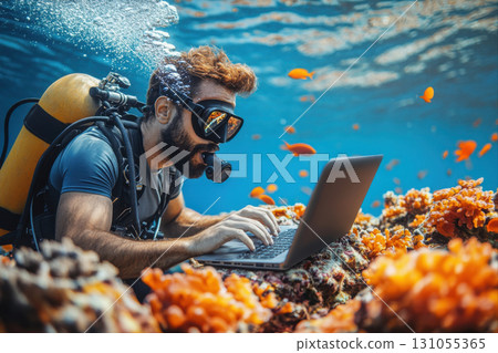 Diving scientist conducts research using laptop underwater coral reef digital technology marine environment close-up view innovation 131055365