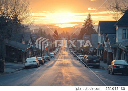 Sunset street view in charming town urban landscape photography peaceful atmosphere Sunset street view in charming town urban landscape photography peaceful atmosphere 131055480