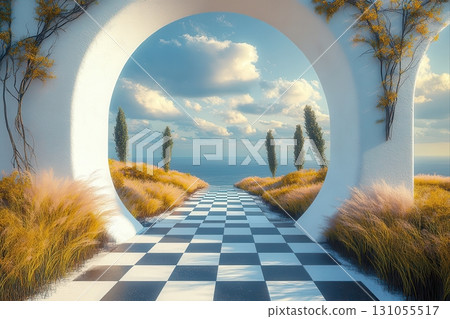 Serenity in digital art scenic coastal pathway through an arching landscape 131055517