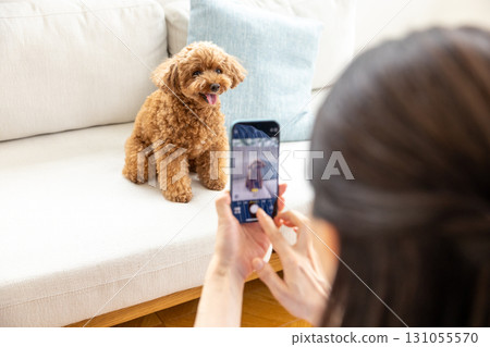 用智能手機拍攝寵物的女人 131055570