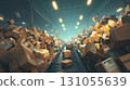 Image of a busy logistics site: conveyor belts and piles of cardboard boxes 131055639