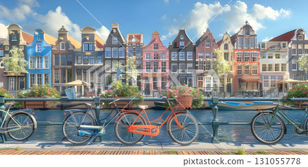 Amsterdam canals with bicycles and colorful houses background - Ai Generated Amsterdam canals with bicycles and colorful houses background - Ai Generated 131055778