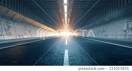 Architectural tunnel on highway with empty asphalt road background - Ai Generated 131055835