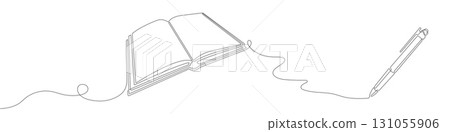 Opened book with pen. School education. Business concept. Line drawing . Vector illustration . 131055906