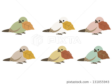 一隻可愛的小鳥抱著一片秋葉的向量插圖集 131055943