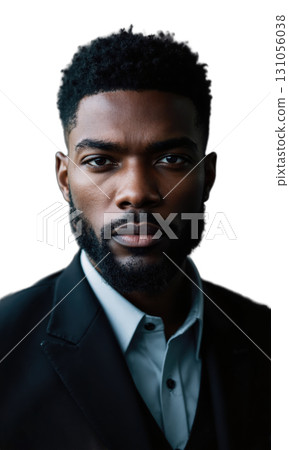 A confident Black male executive in a sharp black suit, his face radiating strength, with business data projections and financial 131056038