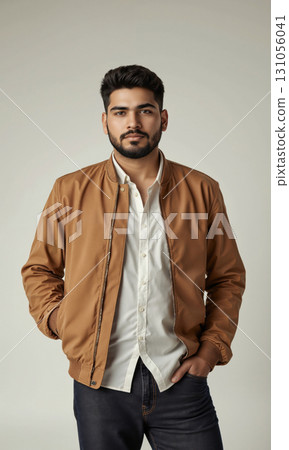 3D Latinx Explorer Map Star 3D stylized Hispanic male 40 jacket map projects star path, earth tones, bright 131056041
