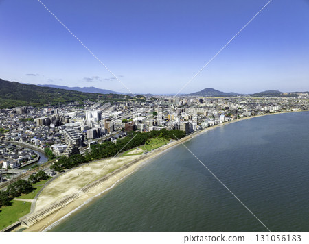 Drone aerial shot of Imajuku, Maebara, and Kyushu University Research City taken from offshore Nagataru Coast, Fukuoka 131056183