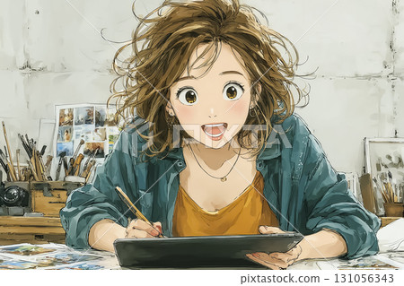 Miyu series: A young woman editing an AI image on a tablet 131056343