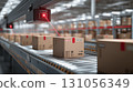 Cardboard boxes with barcodes scanned in a logistics warehouse 131056349