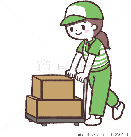 Illustration of a delivery man carrying a package on a trolley 131056493