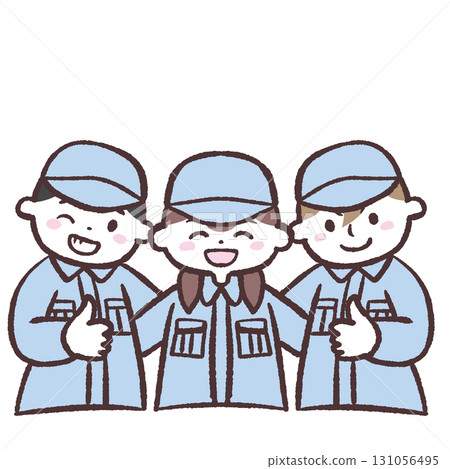 Illustration of staff in work clothes smiling and putting their arms around each other's shoulders Illustration of staff in work clothes smiling and putting their arms around each other's shoulders 131056495