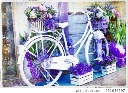 Romantic vintage cards - bike with flowers. retro bicycle decor street 131056597