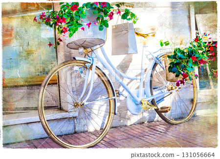 charming streets of italy.Floral bicycle decor, artistic vintage picture 131056664