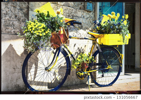 charming streets of italy.Floral bicycle decor, artistic vintage picture charming streets of italy.Floral bicycle decor, artistic vintage picture 131056667