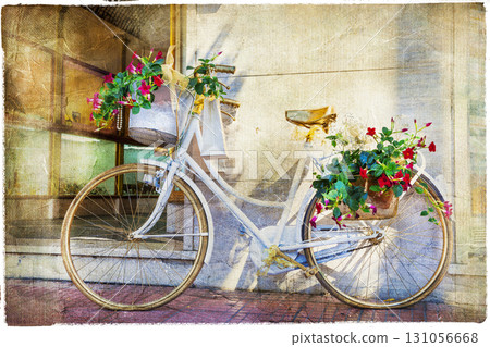 charming street with bike and flowers, artistic vintage picture charming street with bike and flowers, artistic vintage picture 131056668