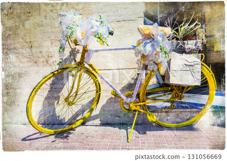 charming streets of italy.Floral bicycle decor, artistic vintage picture charming streets of italy.Floral bicycle decor, artistic vintage picture 131056669
