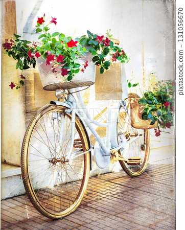 charming streets of italy.Floral bicycle decor, artistic vintage picture 131056670