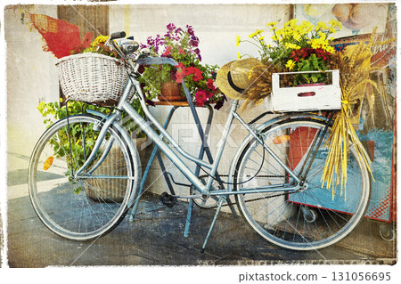charming streets of italy.Floral bicycle decor, artistic vintage picture 131056695