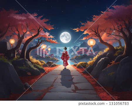 一幅黑夜中閃耀的滿月和森林的風景畫 一幅黑夜中閃耀的滿月和森林的風景畫 131056783