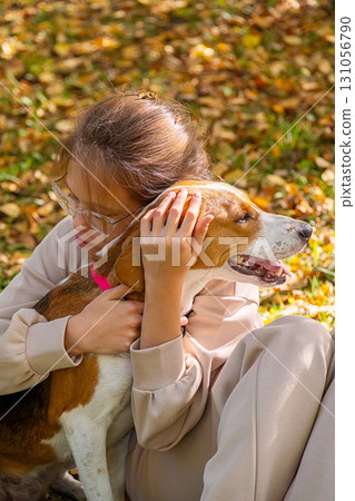Teen girl embracing beagle dog in autumn park with fallen leaves. 131056790