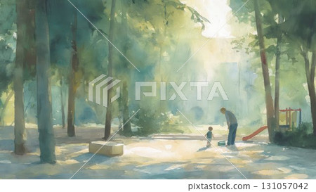 一位父親和他的孩子在公園玩耍的水彩畫 131057042