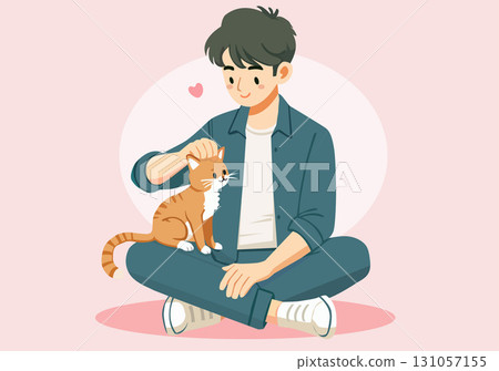 Flat illustration of a young man with a kitten on his lap. Flat illustration of a young man with a kitten on his lap. 131057155