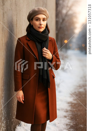 貝雷帽女士冬季城市景觀和磚色外套風格 貝雷帽女士冬季城市景觀和磚色外套風格 131057318