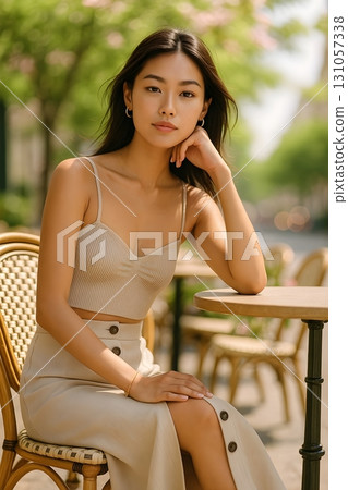 Woman sitting on a cafe terrace - relaxing moments in summer 131057338