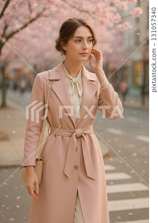 一位女子在櫻花雨中漫步——身穿粉紅色外套的優雅風格 131057340
