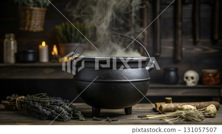 Mysterious black cauldron simmers in a dark, rustic kitchen with herbs and candles illuminating  131057507