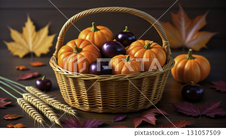 Vibrant autumn harvest featuring decorative pumpkins and colorful leaves on a wooden table 131057509