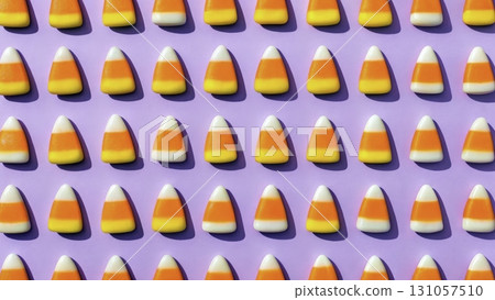 Candy corn arranged in neat rows on a purple background, showcasing the vibrant colors  131057510