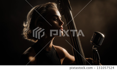 Silhouette portrait of a female jazz musician with a double bass resonating in the silence 131057524