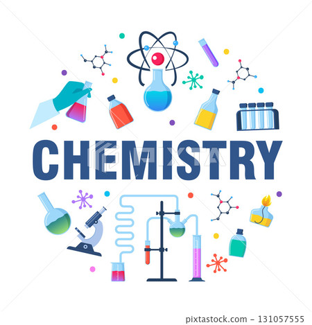 Chemistry concept. Chemical Laboratory glass flasks, vials, test-tubes with substance and reagents. Lab research, testing, studies in chemistry. Banner, poster. Vector illustration. Chemistry concept. Chemical Laboratory glass flasks, vials, test-tubes with substance and reagents. Lab research, testing, studies in chemistry. Banner, poster. Vector illustration. 131057555