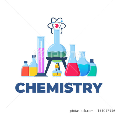 Chemistry concept. Chemical Laboratory glass flasks, vials, test-tubes with substance and reagents. Lab research, testing, studies in chemistry. Banner, poster. Vector illustration. 131057556
