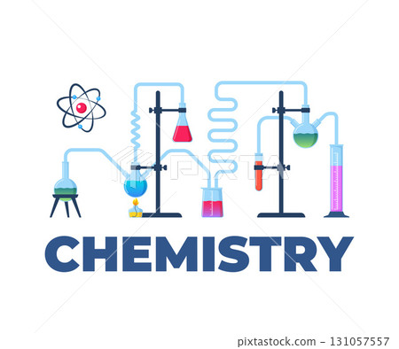 Chemistry concept. Chemical Laboratory glass flasks, vials, test-tubes with substance and reagents. Lab research, testing, studies in chemistry. Banner, poster. Vector illustration. 131057557