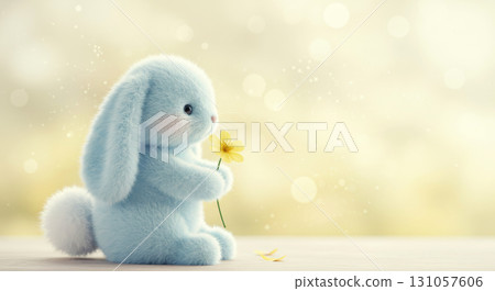 Blue fluffy rabbit holding a yellow flower on a wooden surface with a soft, dreamy bokeh background. 131057606