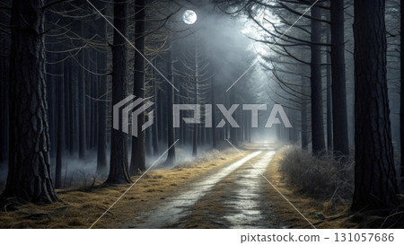Pathway through a mystical forest illuminated by moonlight at dusk 131057686